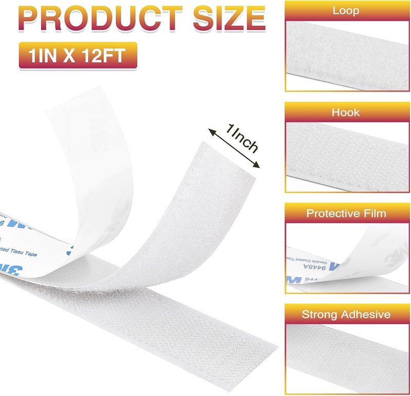 Summerbrite 12Ft x 1 Inch Hook and Loop Tape, Heavy Duty Double-Sided Adhesive Strips, Strong Sticky Back Fastener, Cuttable Interlocking Tape Fasteners for Home, Office, Car, School & DIY Crafts (White) - Image 2